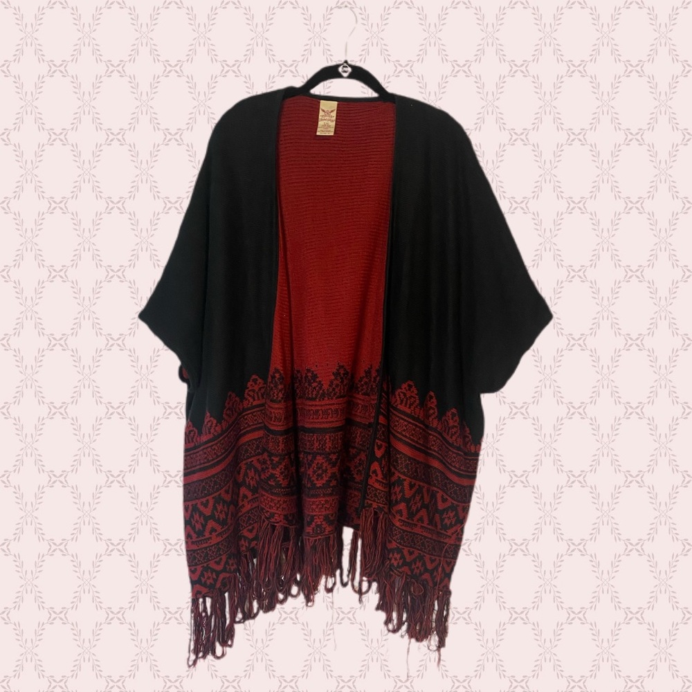 Fringe Trim Open Front Poncho